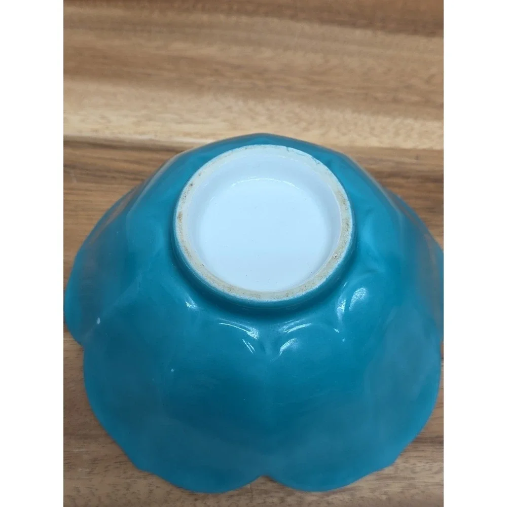 Vintage Chinese Blue Glazed Porcelain Lotus Petals Fruits Tribute Bowl Ceramic